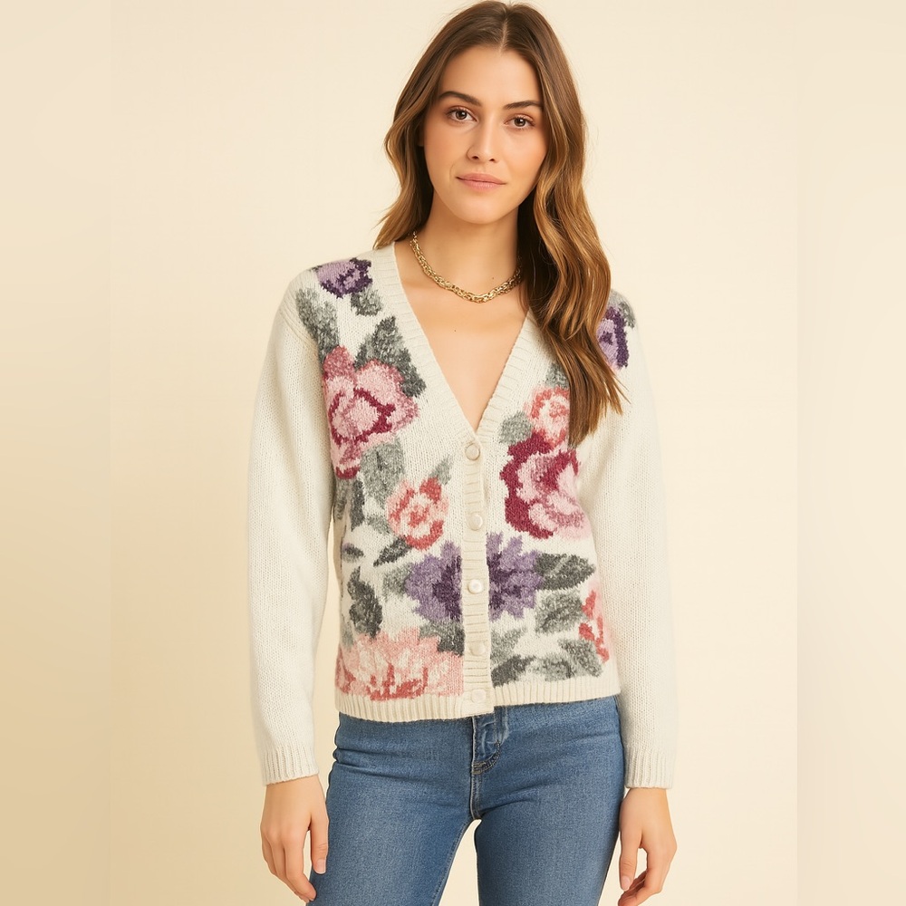 Chrysantheme Vintage Floral Knit Cardigan Hand-Knit Cottagecore Boho Grannycore